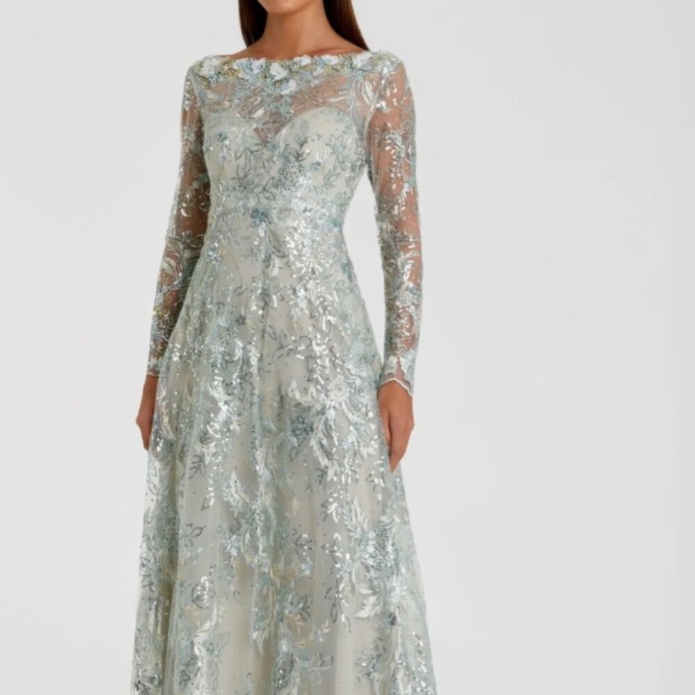Mac Duggal Green Floral Embroidered Illusion Long Sleeve Gown-Size 4
